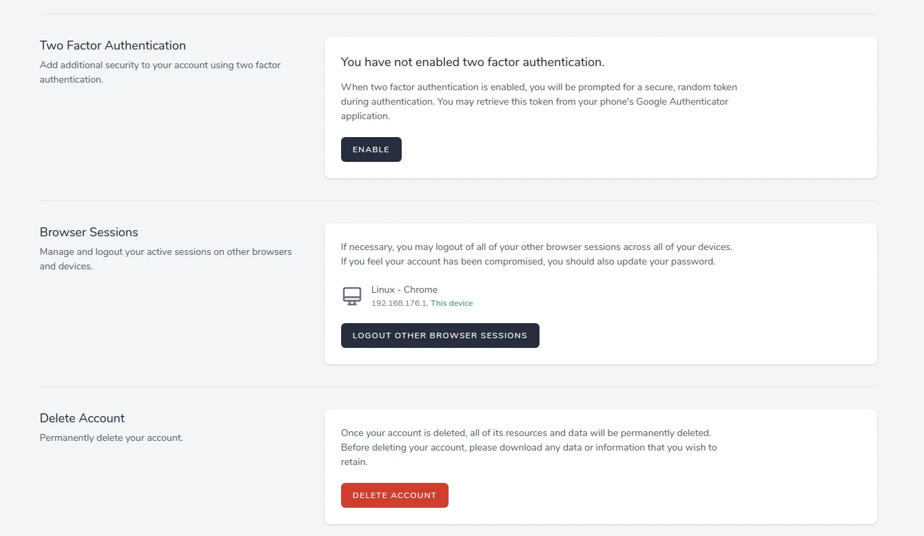 Exemplo de página de gerenciamento de perfil contendo o componente de autenticação em dois fatores