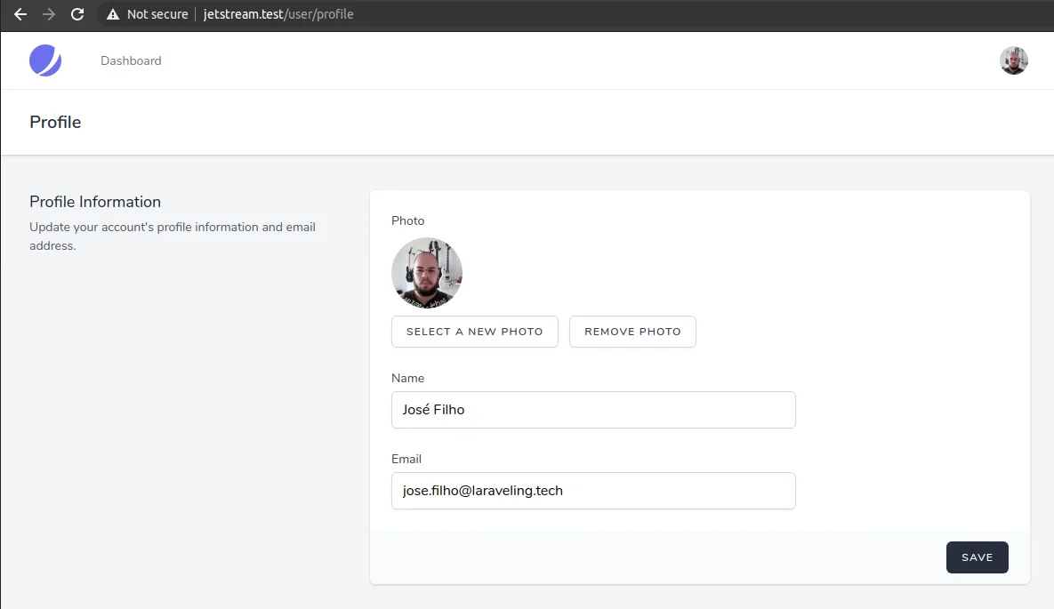 Página de gerenciamento de perfil do usuário após efetuar ação de login