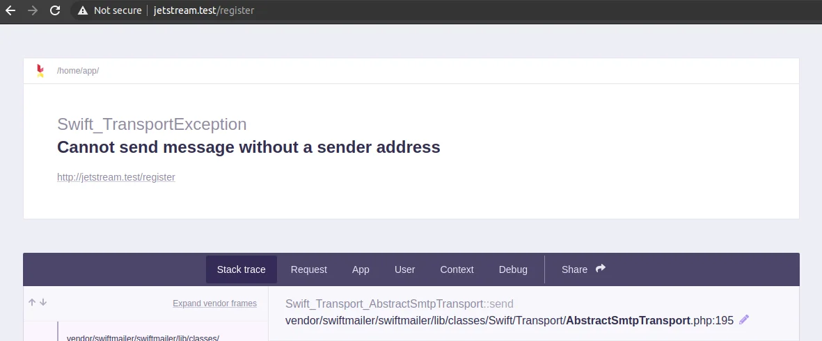 Página exibindo o erro da classe SwiftTransport com a mensagem ‘Cannot send message without a sender address’