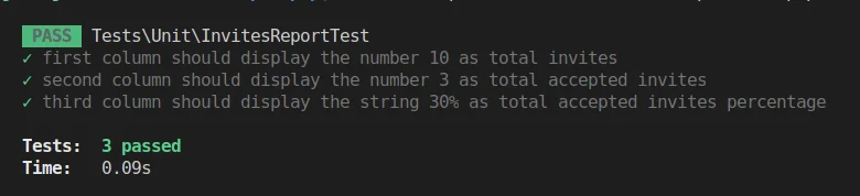 output do terceiro teste unitário com todos os testes passando