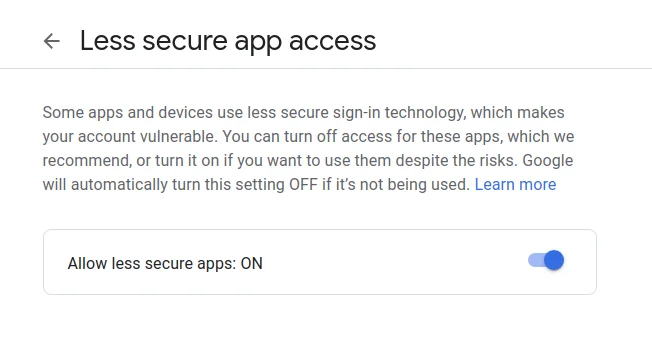 print da tela para habilitar “apps menos seguros” com a funcionalidade ligada
